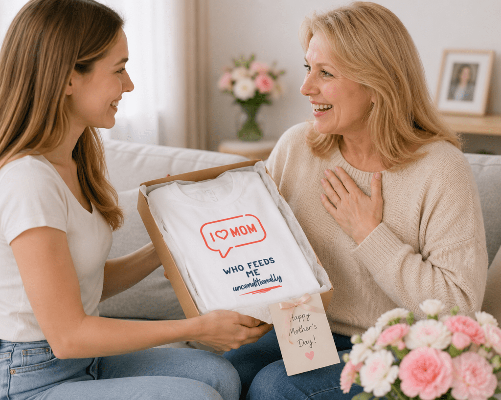 Daughter giving a meaningful Mother’s Day gift box with I Love Mom T-shirt to her mother